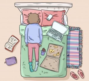 Menina procrastinando na cama Vetor Premium e1771567515586